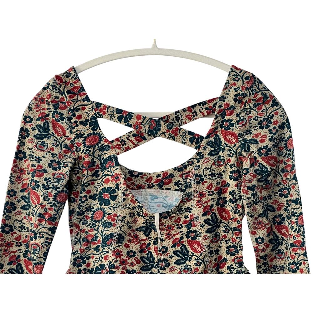 FREE PEOPLE TOP WOMENS XSMALL MELANIE FLORAL LONG SLEEVE STRETCH SHIRT SAND - Picture 9 of 13